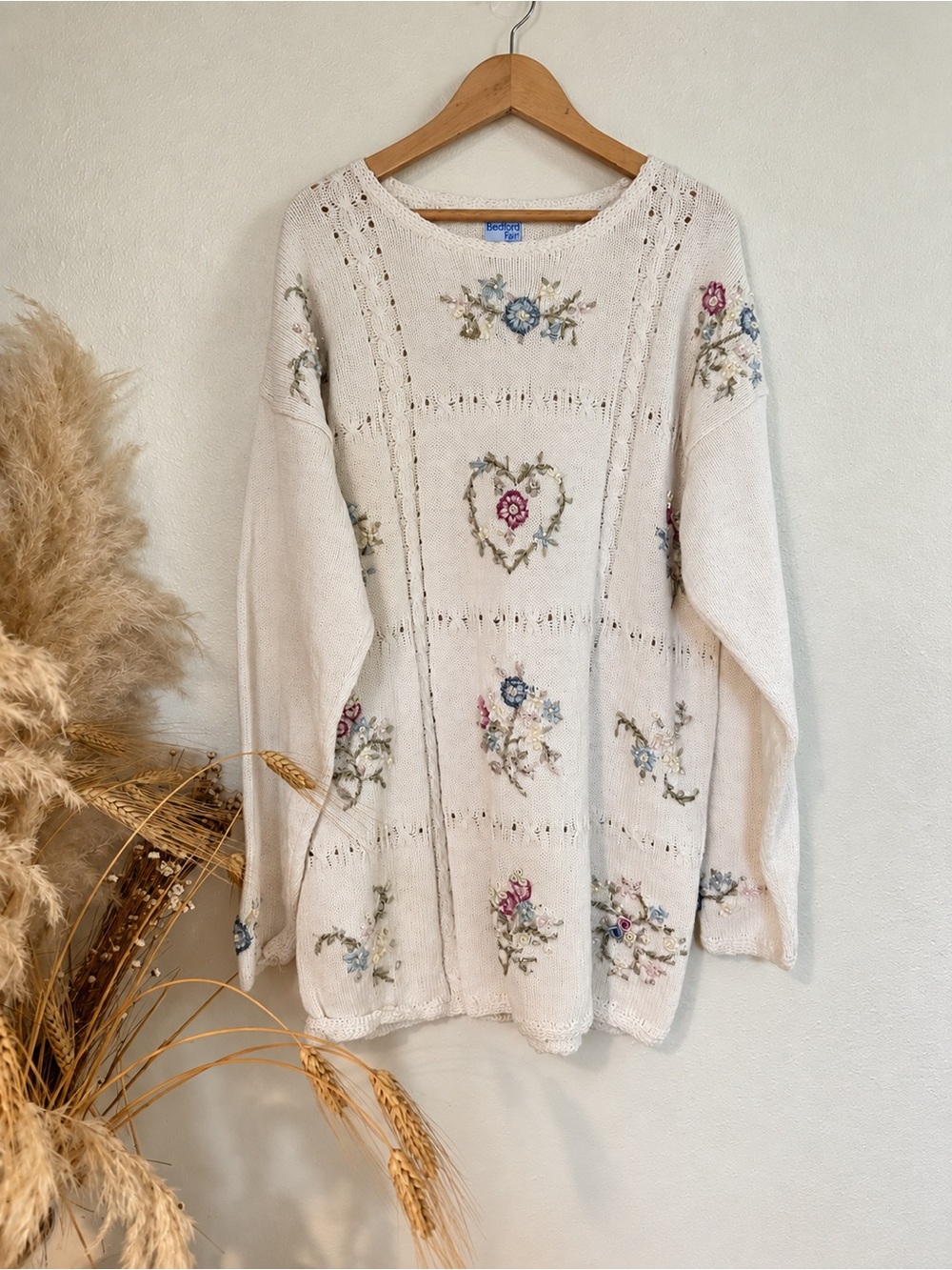 Vintage 90s Bedford Fair Cottagecore Embroidered Floral Pearl Knit Sweater L